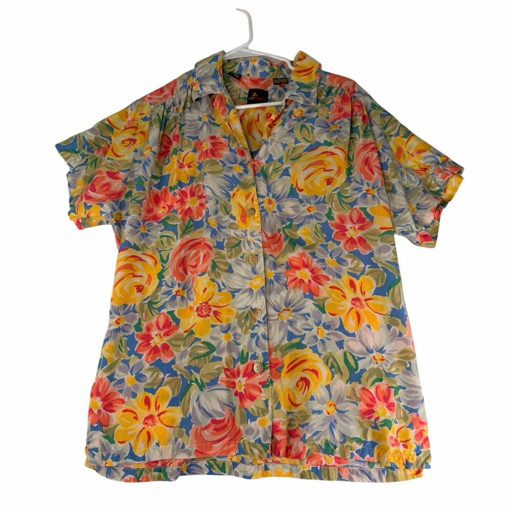 Vintage Lizsport Floral Rose Rayon Blouse Size M Multicolored Cottagecore 90s